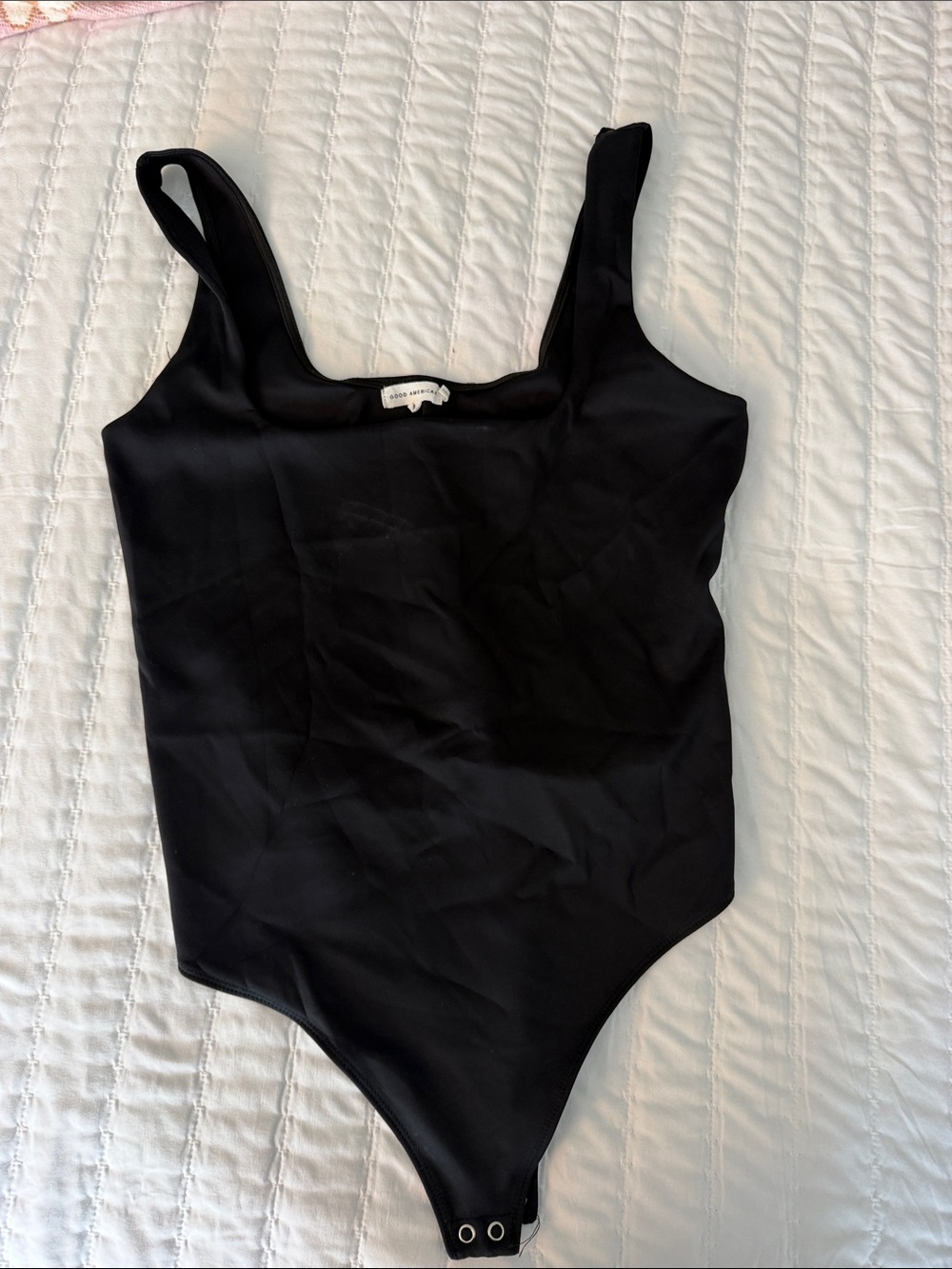 Good American Black Scoop Neck Stretch Bodysuit with Snap Crotch
